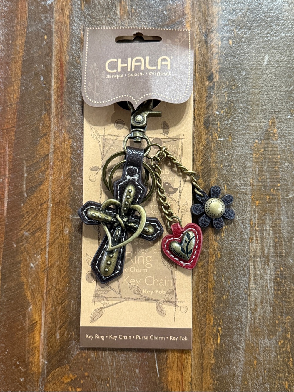 Chala Black Cross Keychain with Red Heart and Brass Flower Charms